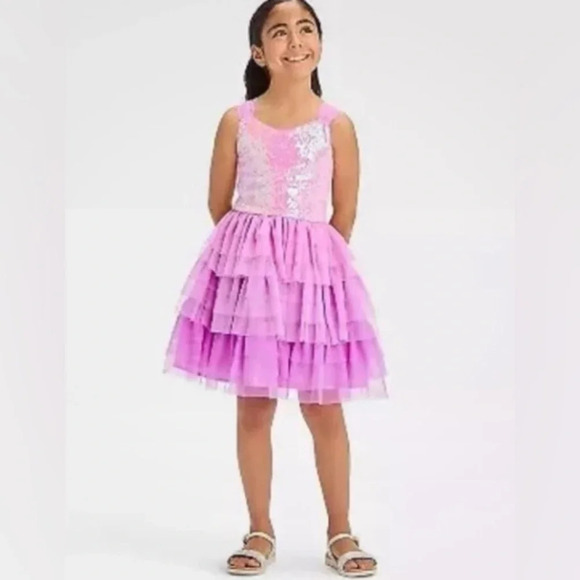 NWT Cat & Jack Girls' Sleeveless Ombre Sequin Tiered Tull Dress - Large (10/12) - Picture 2 of 6